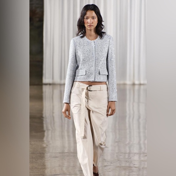 Zara ZW TWEED WEAVE TEXTURE SEQUIN CROPPED JACKET Blazer Blue